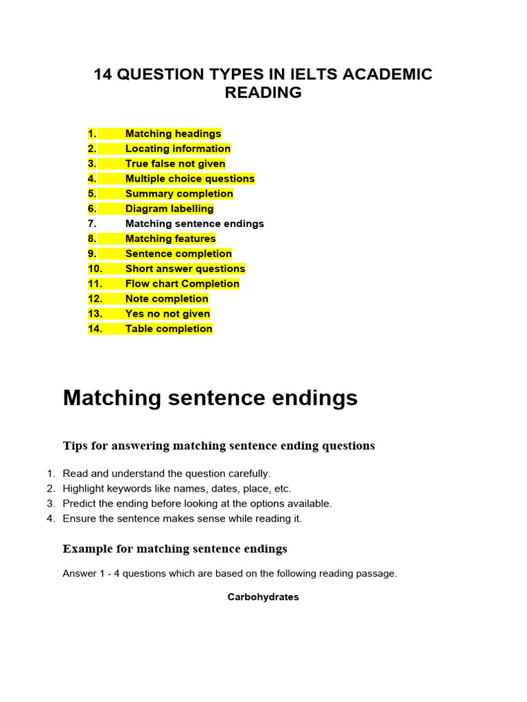7IELTS Academic Reading Matching Sentence endingsWITH ANSWERS PDF Carbohydrates Postage
