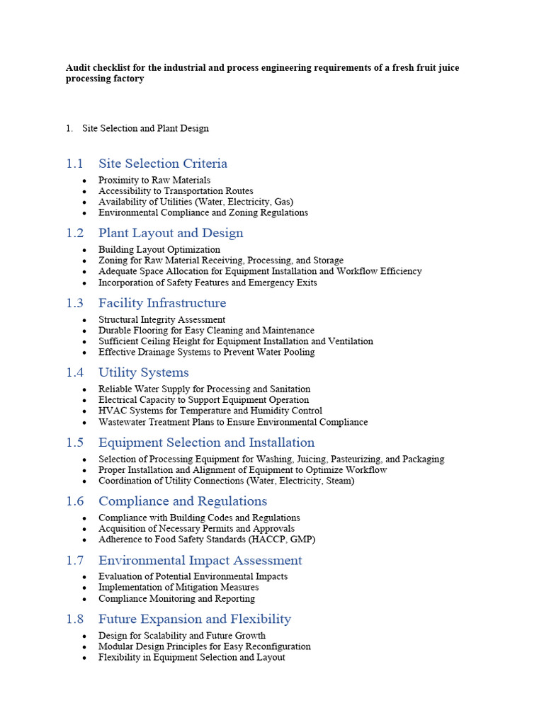 Fresh Juice Factory Audit Checklist | PDF | Occupational Safety And ...
