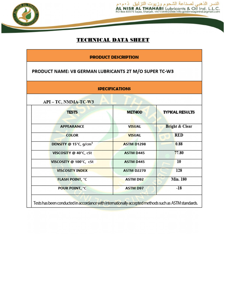 V8 German Lubricants Technical Data Sheet | PDF