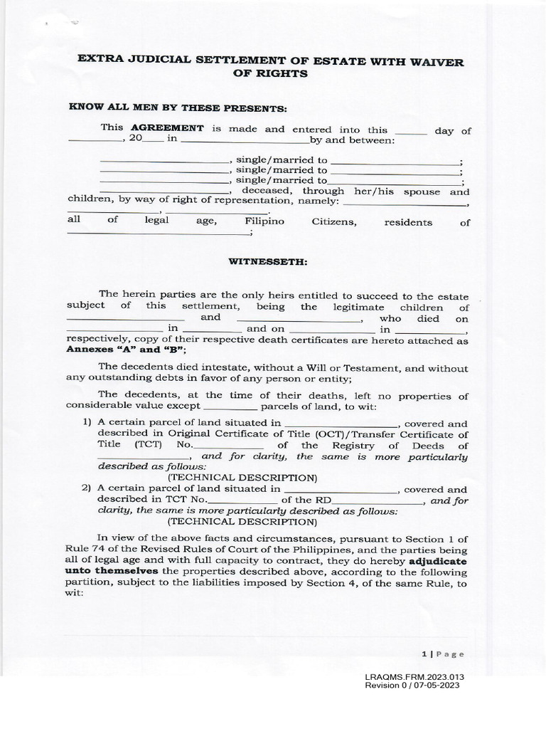 Extra Judicial Settlement of Estate With Waiver of Rights | PDF ...