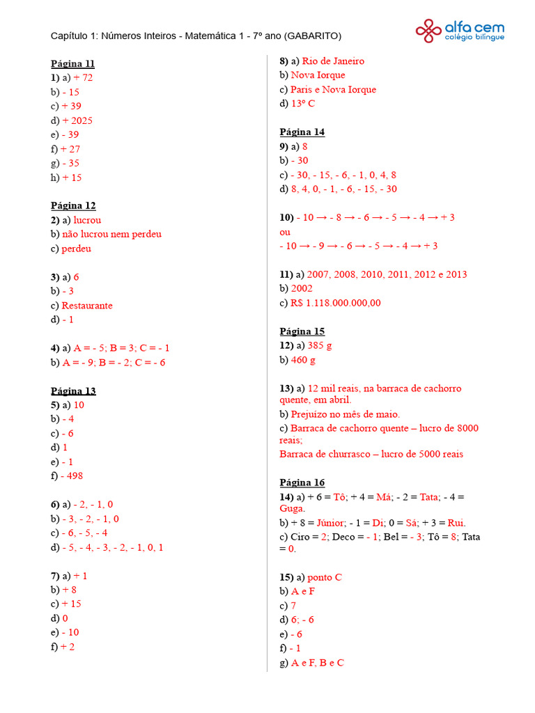 Gabarito Matemática 7º Ano: Números Inteiros | PDF