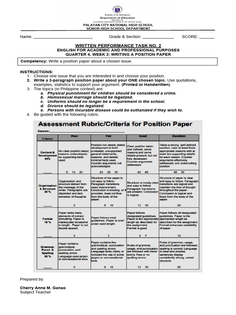 Position Paper Writing Task Guide | PDF