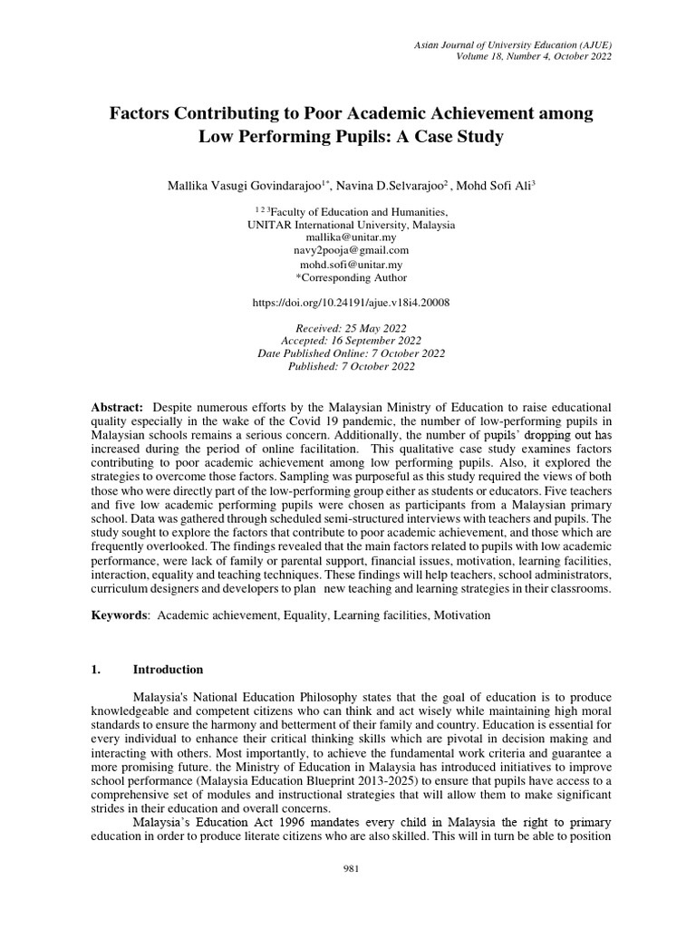 Factors Behind Low Academic Achievement | PDF | Teachers | Motivation
