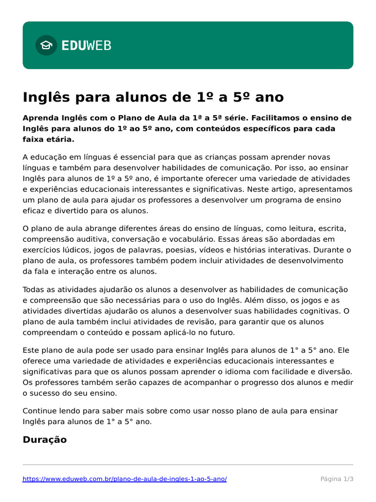 Plano de Aula de Inglês: 1º ao 5º Ano | PDF | Língua inglesa | Lição
