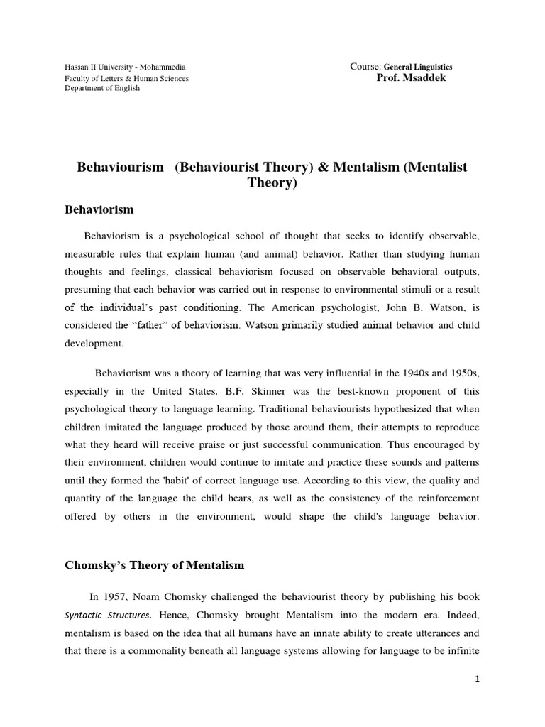 Behaviorism vs. Mentalism in Language | PDF | Behaviorism | Language ...