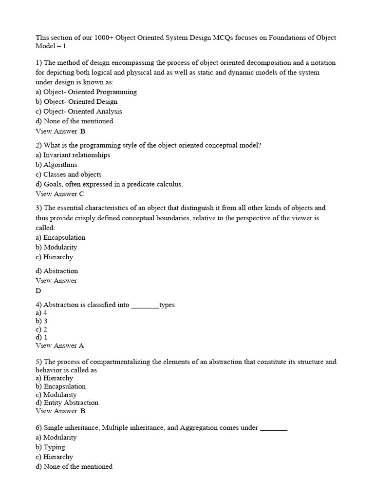 Object-Oriented Design MCQs | PDF | Class (Computer Programming ...