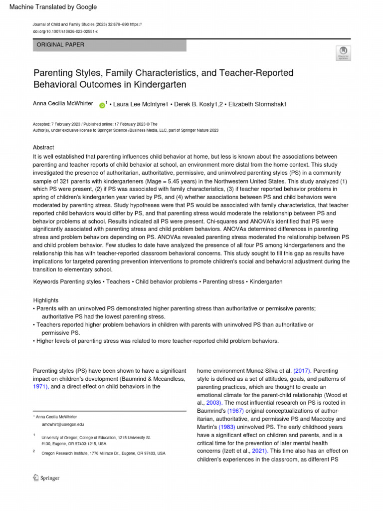 Parenting Styles and Child Behavior in Kindergarten | PDF | Parenting ...