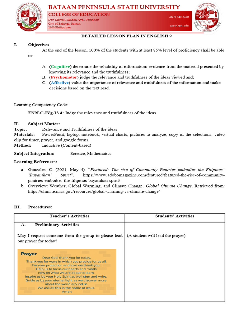 Grade 9 Detailed Lesson Plan Quarter 4 Lesson 1 Judge The Relevance And