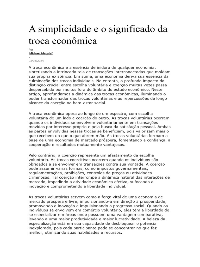 A Simplicidade e o Significado Da Troca Econômica | PDF | Economia ...