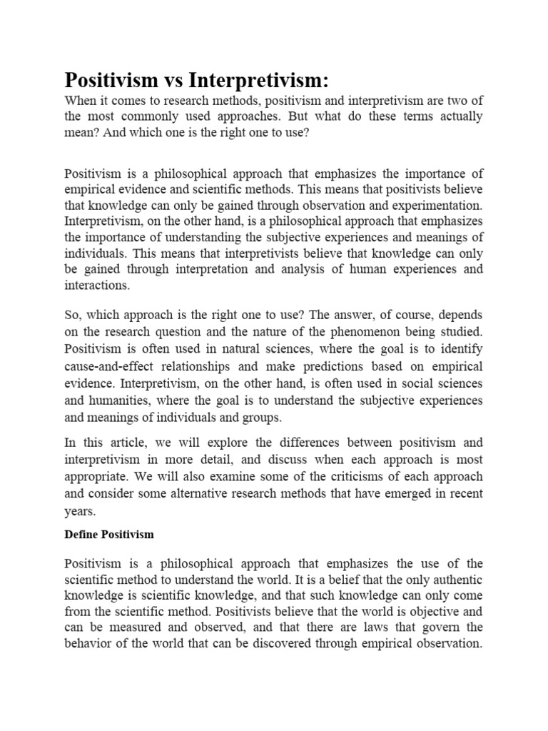 Positivism vs Interpretivism Explained | PDF | Positivism | Qualitative ...
