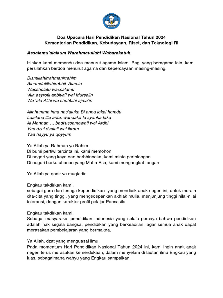 Doa Upacara Hari Pendidikan Nasional Tahun 2024 Pdf