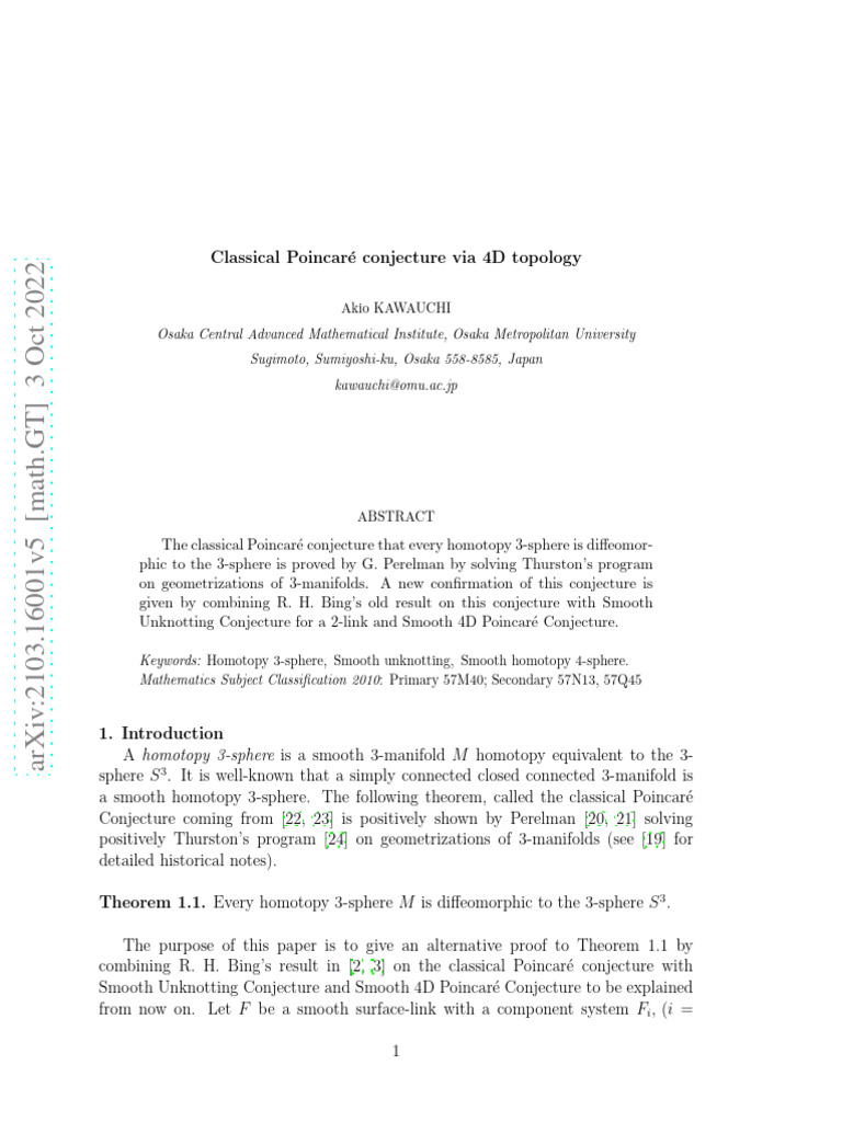 Classical Poincare Conjecture Via 4D Topology | PDF | Conjecture | Manifold