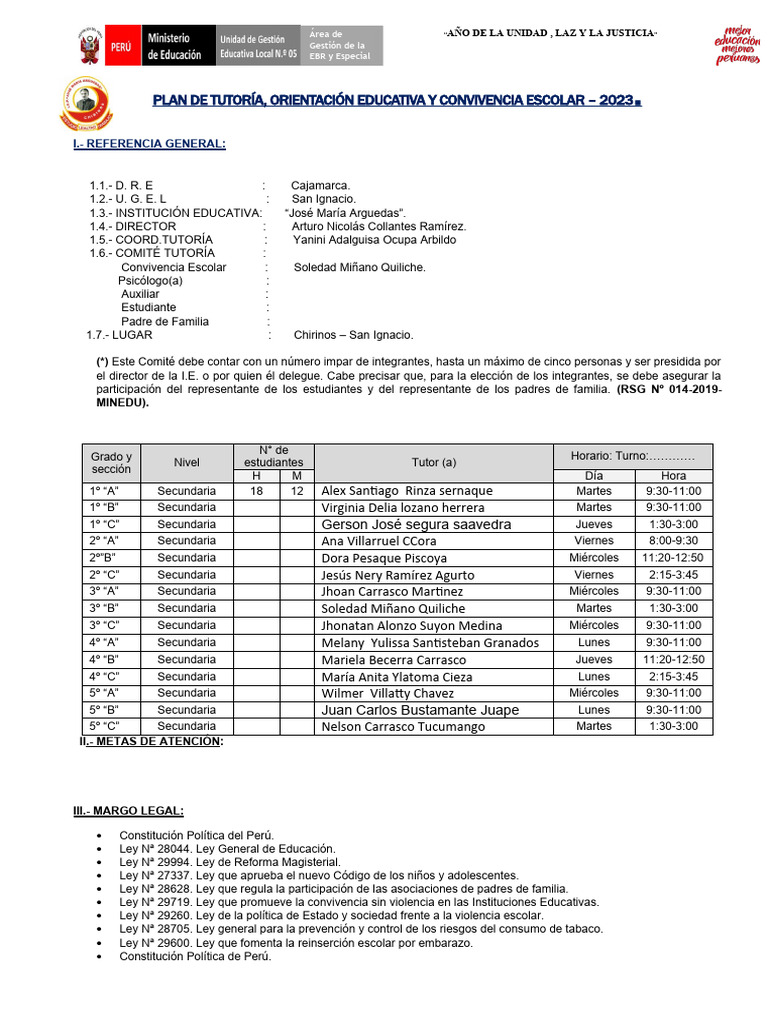 Plan de Aula Tutoria 2023 Jma | PDF | Evaluación | La violencia contra ...