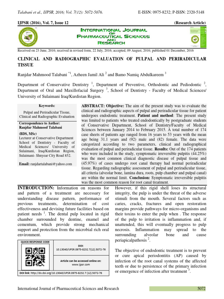 Clinical and Radiographic Evaluation of Pulpal and Periradicular Tissue ...