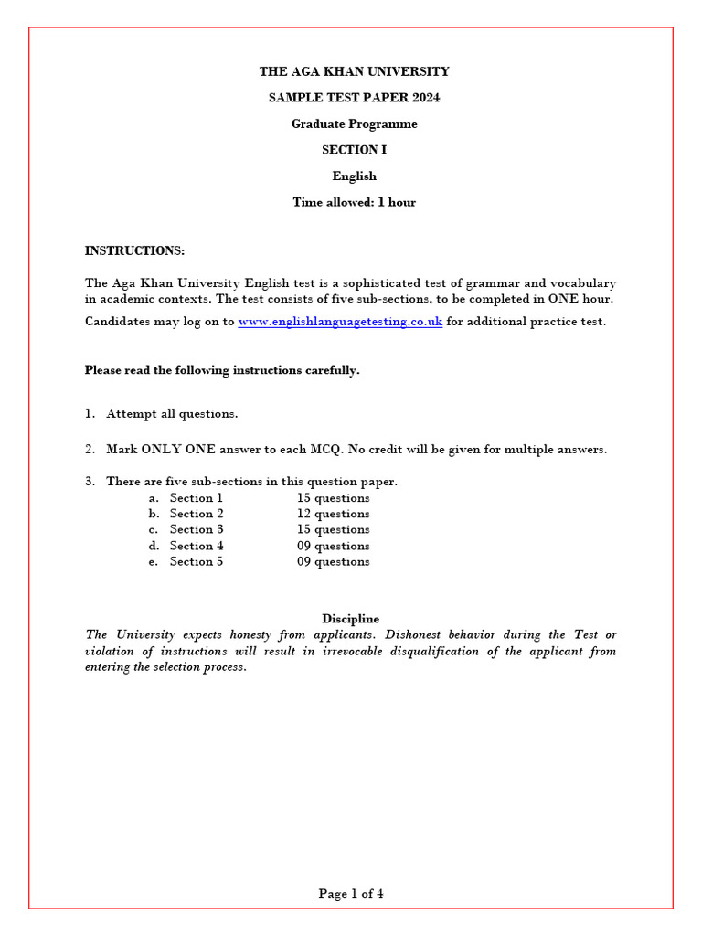 Aga Khan University Test Paper 2024 | PDF | Multiple Choice | Hypertension