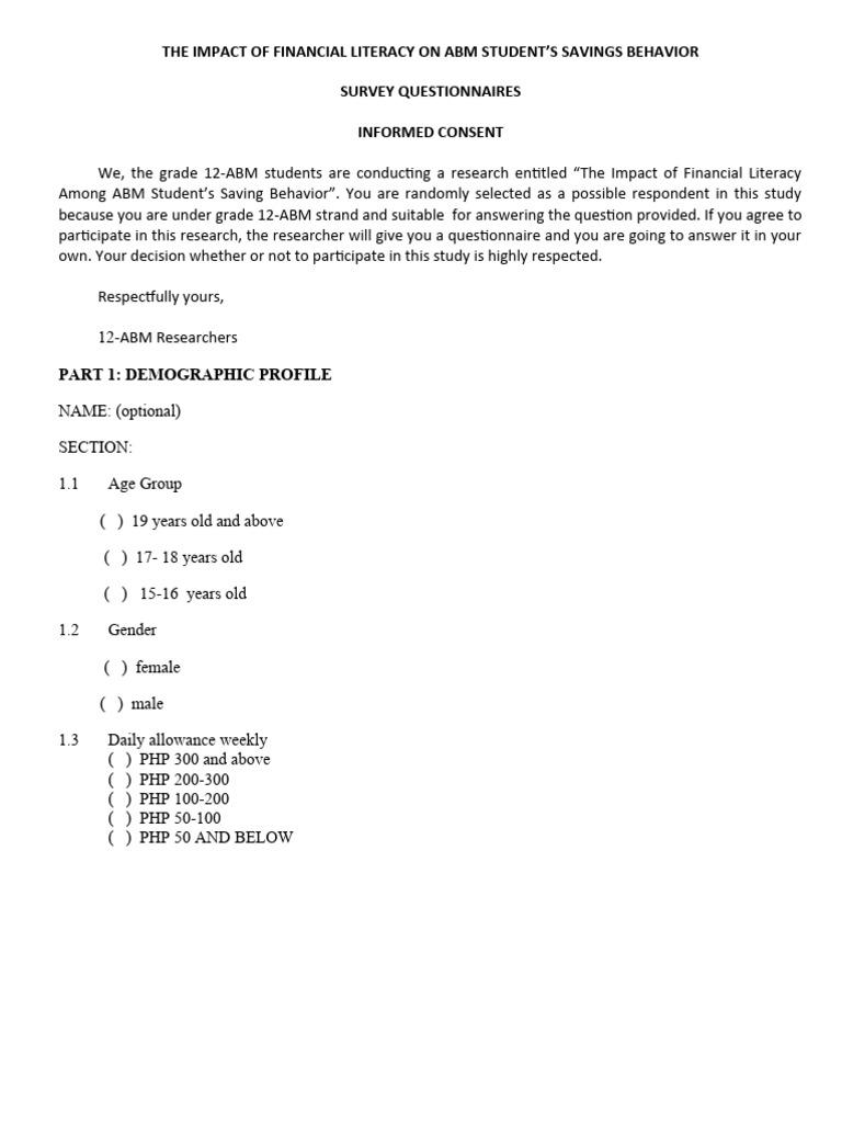 Financial Literacy's Impact on ABM Savings | PDF | Cost Of Living | Money