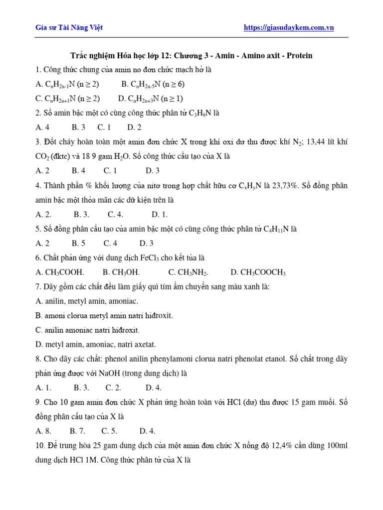 Tai Lieu Mon Hoa Lop 12 Bai Tap Trac Nghiem Amin Amino Axit Protein Op ...
