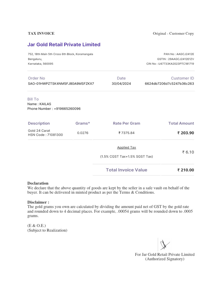 Jar Gold Retail Invoice Details | PDF