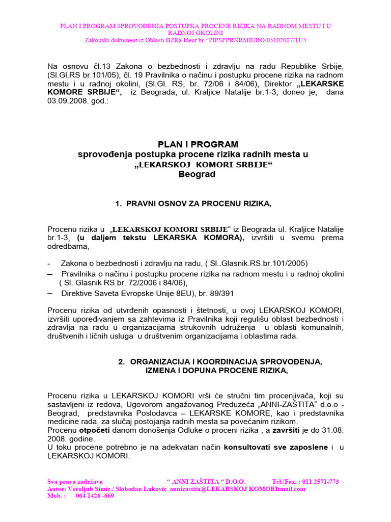 Plan IProgram Sprovodjenja Postupka Procene Rizika Radnih Mesta ULKS | PDF