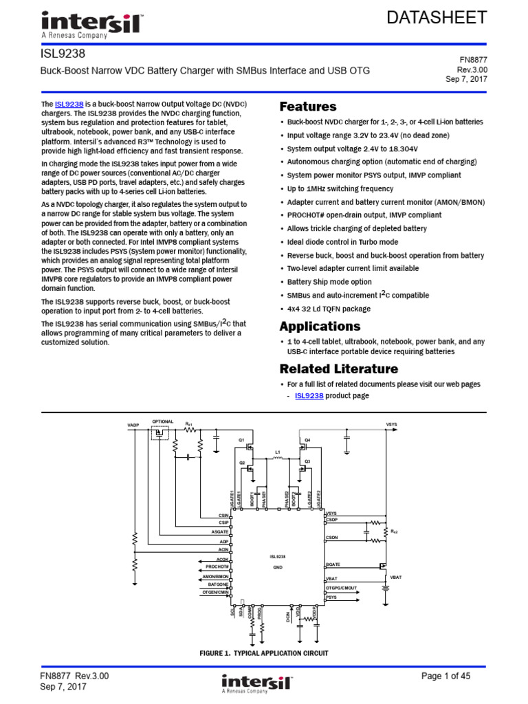 Intersil ISL9238IRTZ Datasheet PDF Battery Charger Mosfet