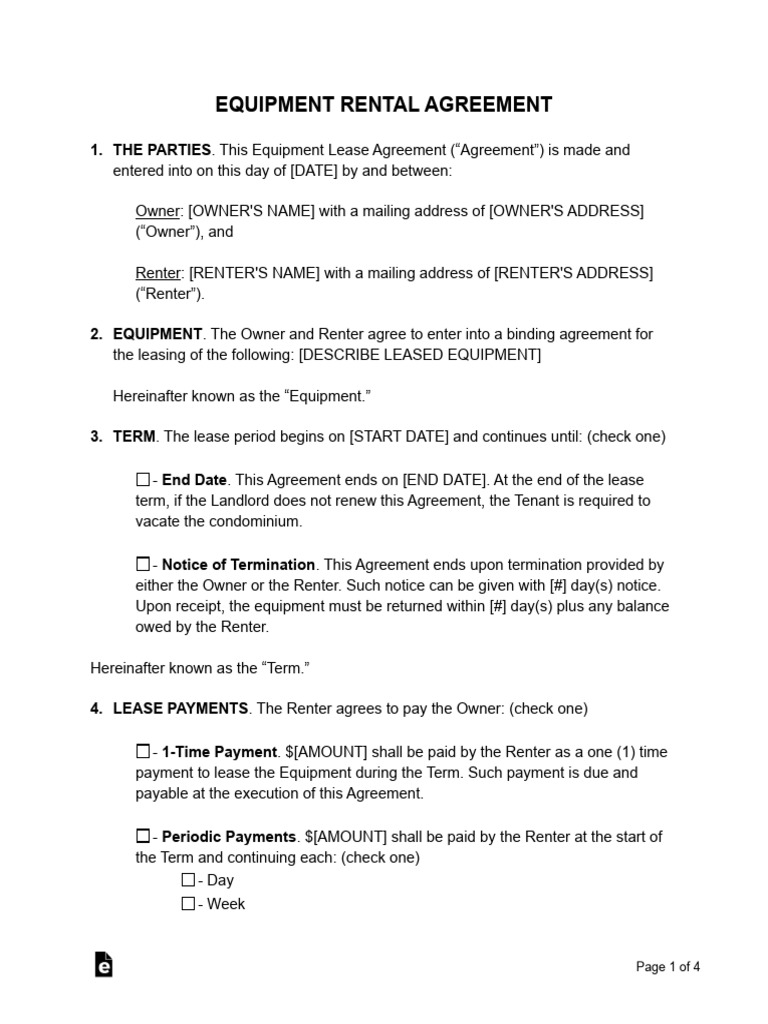 Equipment Rental Agreement Template | PDF | Lease | Renting