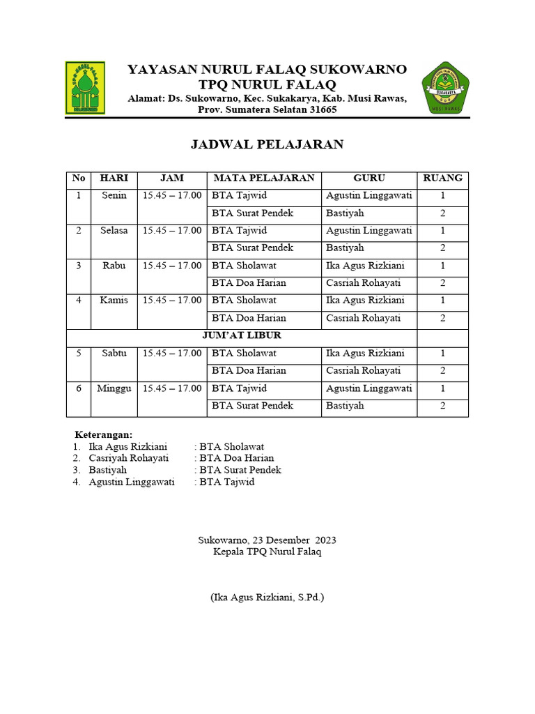 Jadwal Pelajaran Baru | PDF