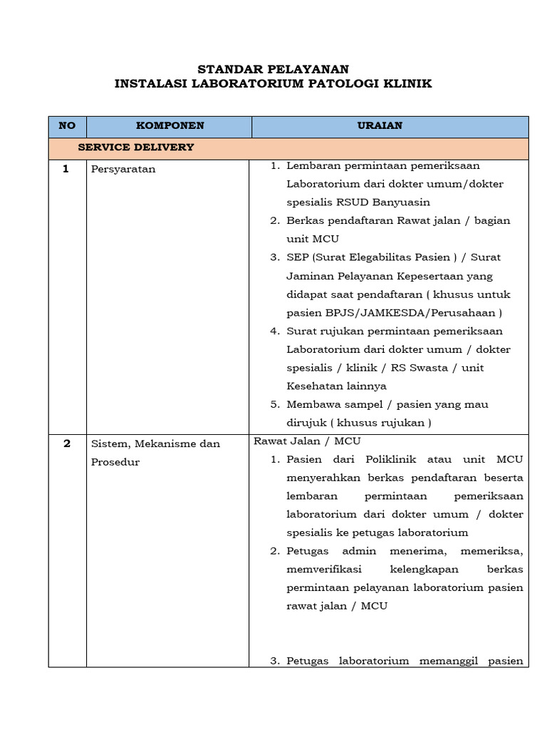 Standar Pelayanan Instalasi Laboratorium Patologi Klinik | PDF