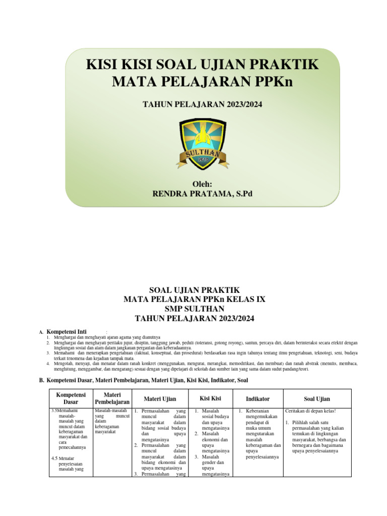 Kisi Kisi Ujian Praktik Ppkn 2023 2024 New Pdf