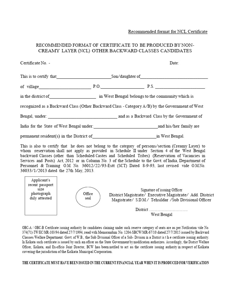 OBC-NCL Certificate Format for West Bengal | PDF | Government Of India ...
