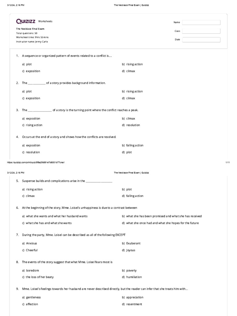 The Necklace Final Exam Quizizz PDF