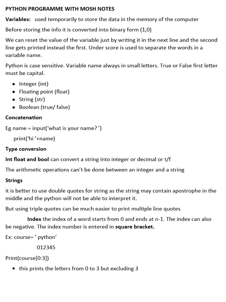 Python Programme With Mosh Notes | PDF | Boolean Data Type | Integer ...