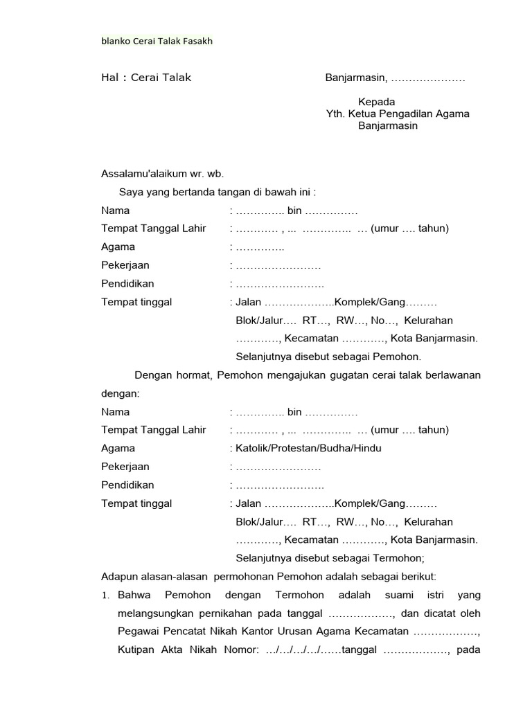 Contoh Surat Cerai Talak Fasakh | PDF
