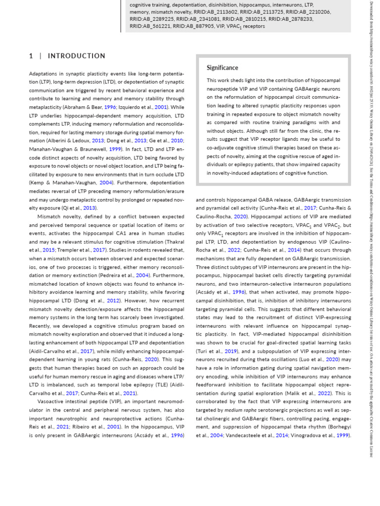 Mismatch Novelty and Hippocampal Plasticity | PDF | Hippocampus | Long ...