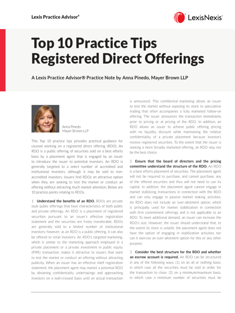 Top 10 Practice Tips Registered Direct Offerings PDF Securities