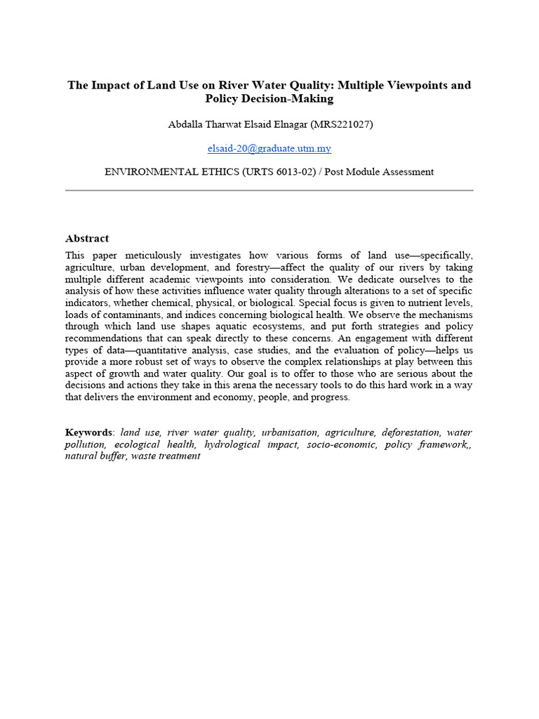 The Impact Of Land Use On River Water Quality Multiple Viewpoints And