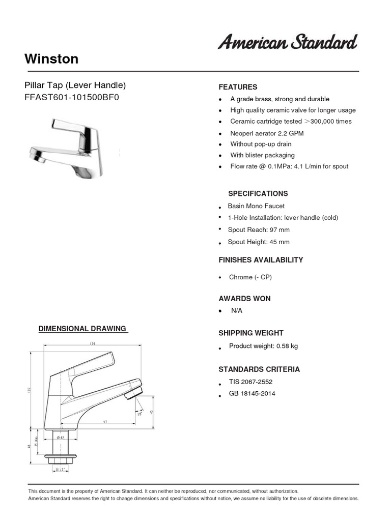FFAST601-101500BF0 Winston Pillar Tap (Lever Handle) | PDF | Tap (Valve)