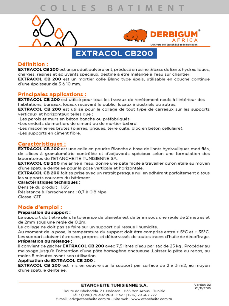 Colle Extracol CB 200 pour revêtements | PDF | Mortier (matériau) | Béton