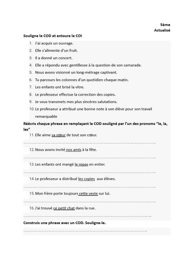 Exercices sur COD et COI en grammaire | PDF | Grammaire | Syntaxe