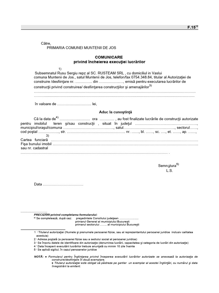 F15 COMUNICARE Încheiere Executare Lucrări | PDF