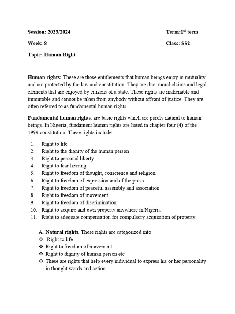 Human Rights in SS2 Civic Education | PDF | Human Rights | Rights