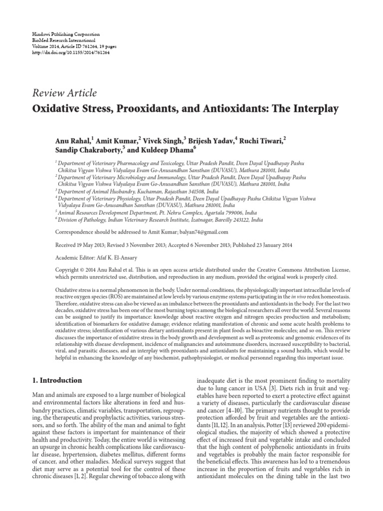 Oxidative Stress, Prooxidants, and Antioxidants The Interplay PDF