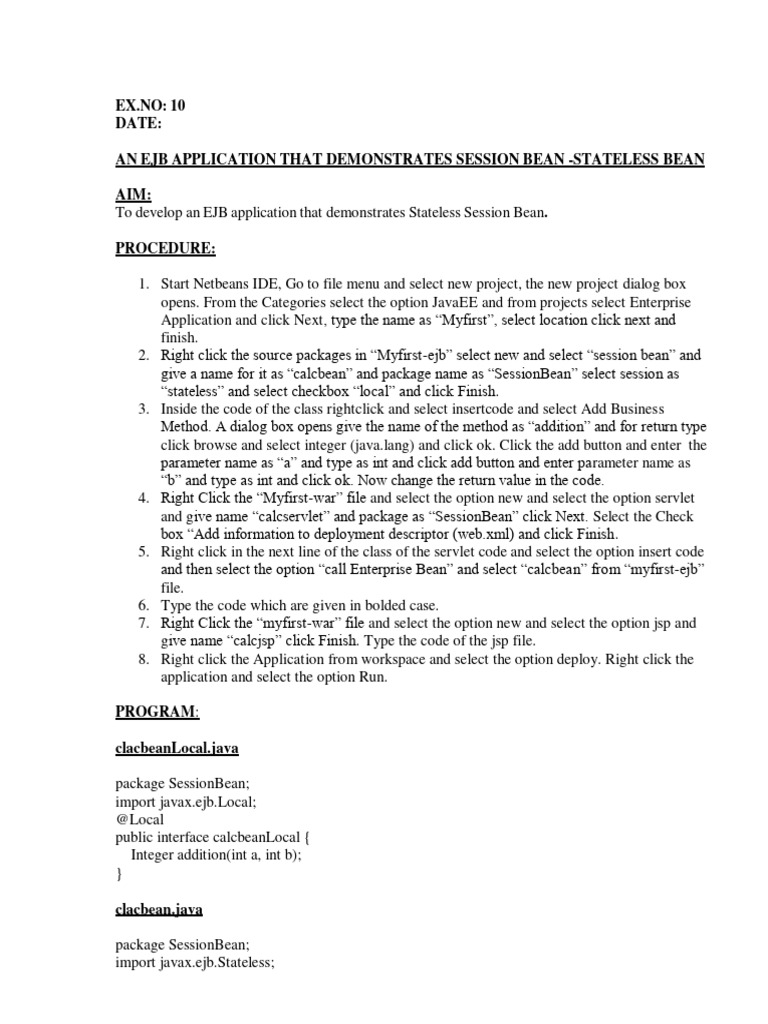 EX - NO: 10 Date: An Ejb Application That Demonstrates Session Bean ...