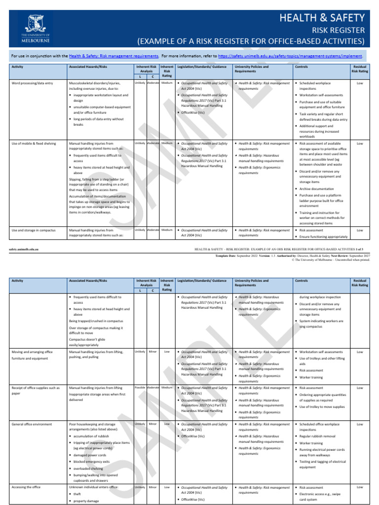 Health and Safety Risk Register Example Office | PDF | Occupational ...