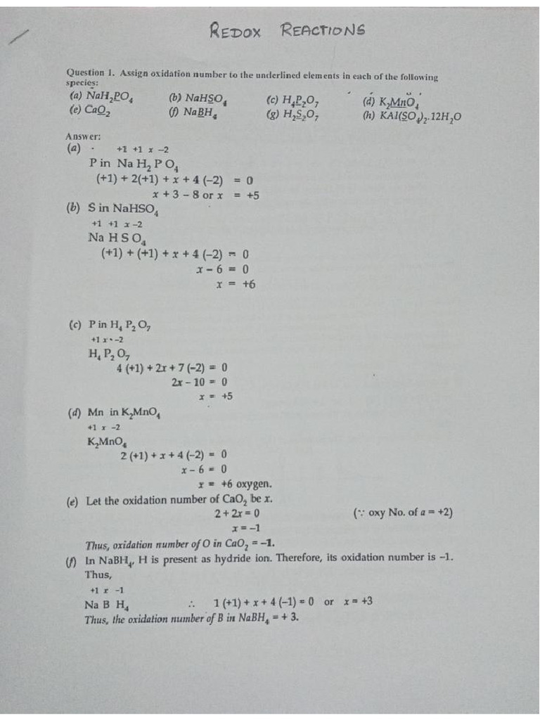 Chemistry CH 7 Redox Reactions - Book Back Answers | PDF