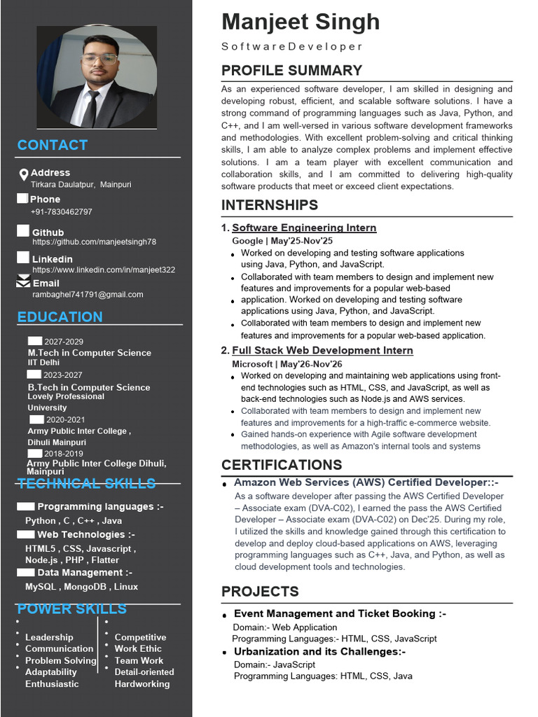 Software Developer Resume: Manjeet Singh | PDF | Java Script | Amazon ...