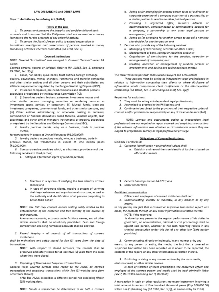 LAW ON BANKING and OTHER LAWS - Notes | PDF | Banks | Debt