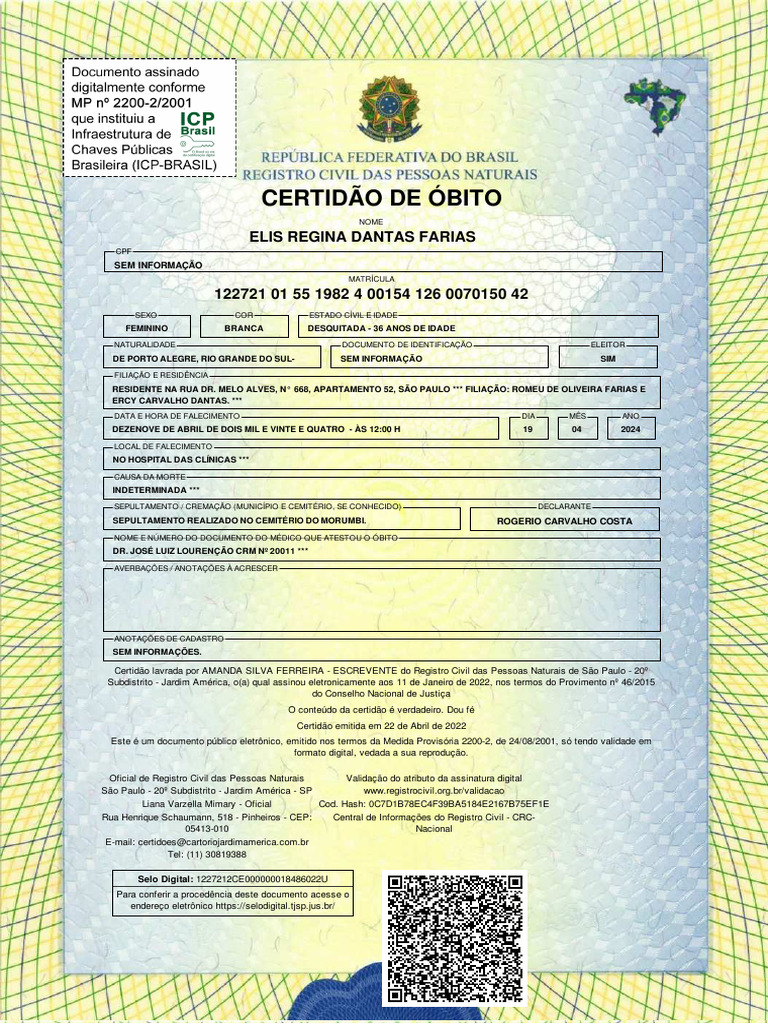 Certidão de Óbito: Elis Regina | PDF