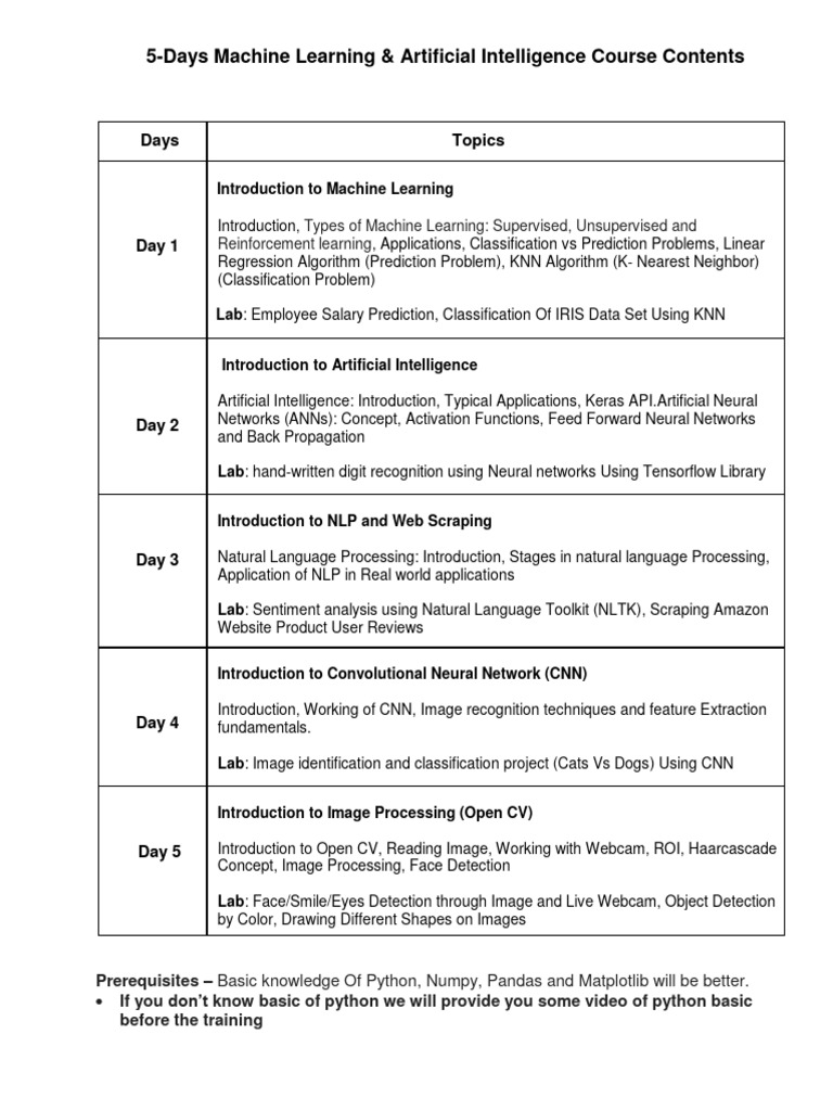 5-Day AI & Machine Learning Course Outline | PDF