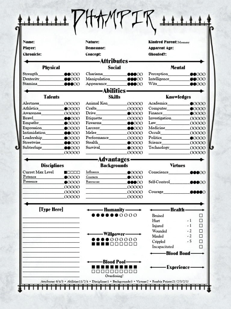 Vampire Character Sheet Template | PDF