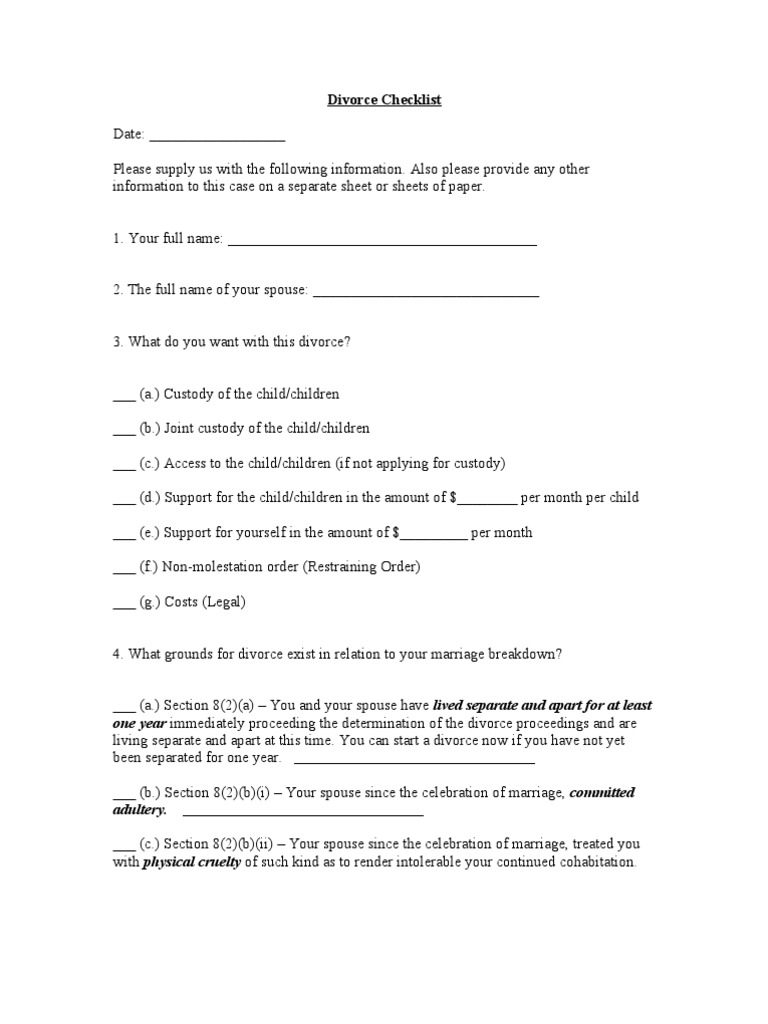 Divorce Checklist | PDF | Marriage | Child Custody